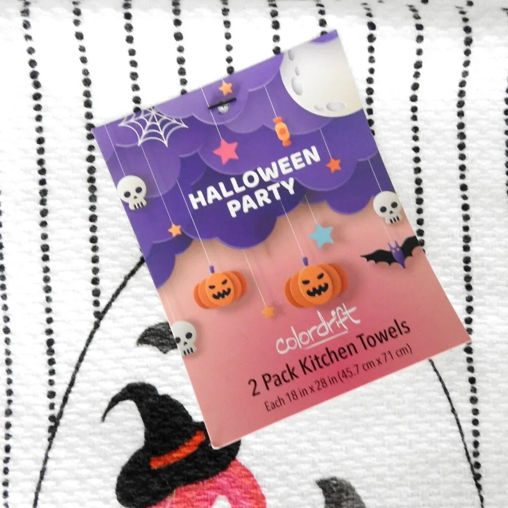 NWT Colordrift Halloween Flamingo Pumpkin Cotton Kitchen Towels Pack 2 Stripes